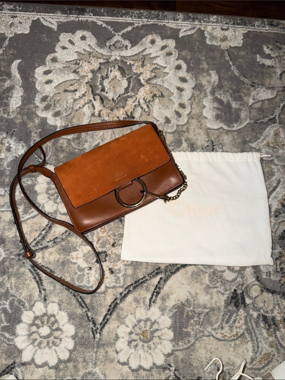 Chloé Faye Brown Leather and Suede Crossbody Bag with Gold Ring